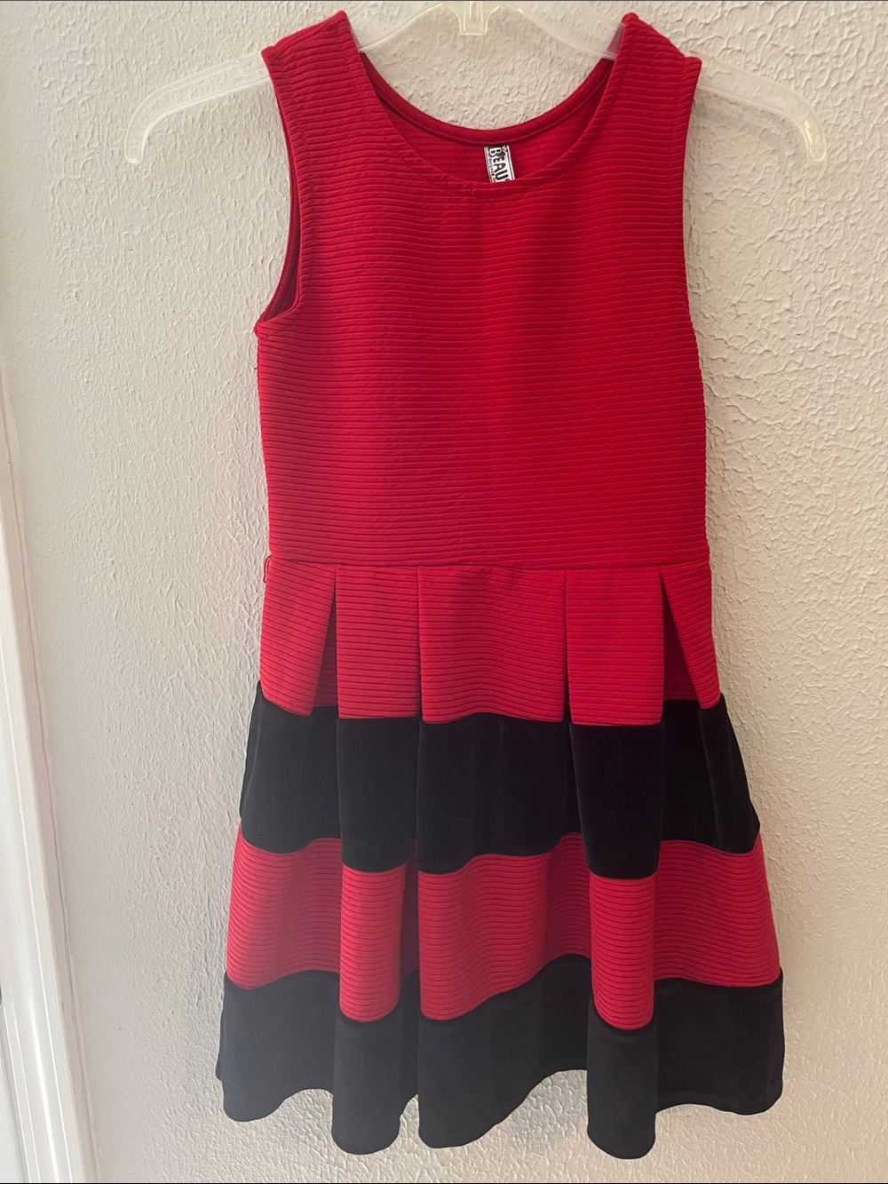 Beautees Red and Black Sleeveless Pleated Stripe little girls Dress